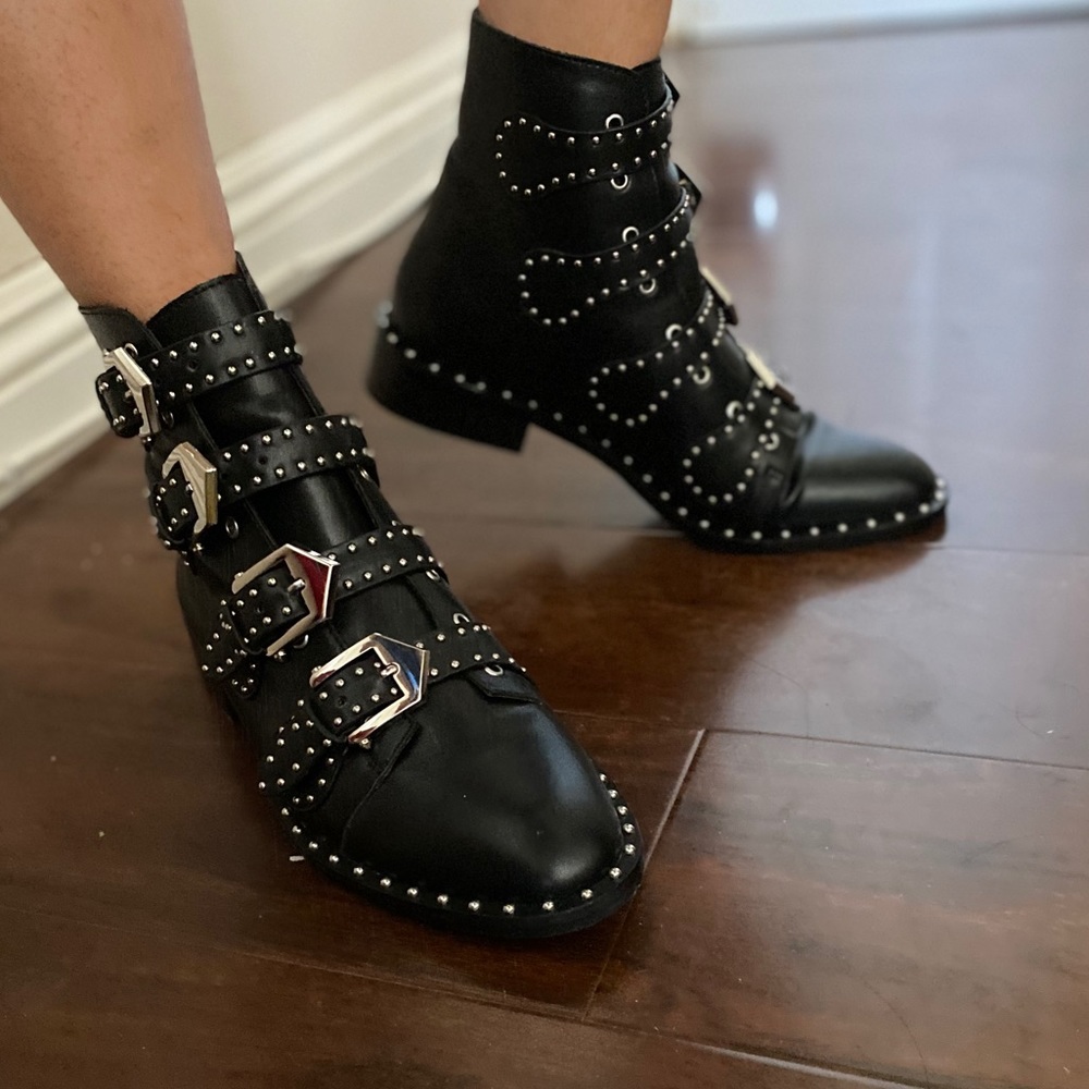 Studded Buckled Biker Ankle Boots